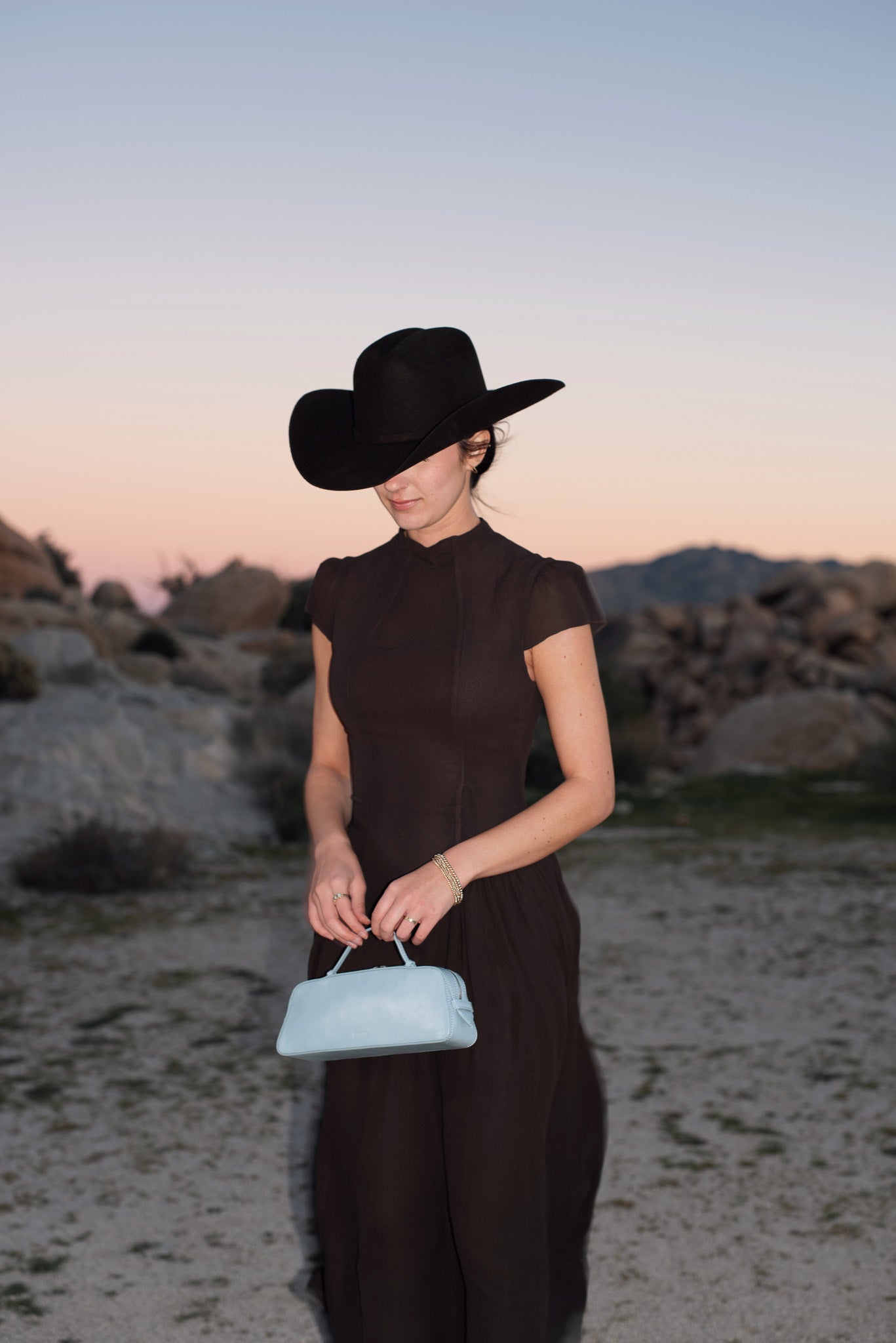 Person wearing a black dress and hat holding a light blue handbag in a desert landscape.