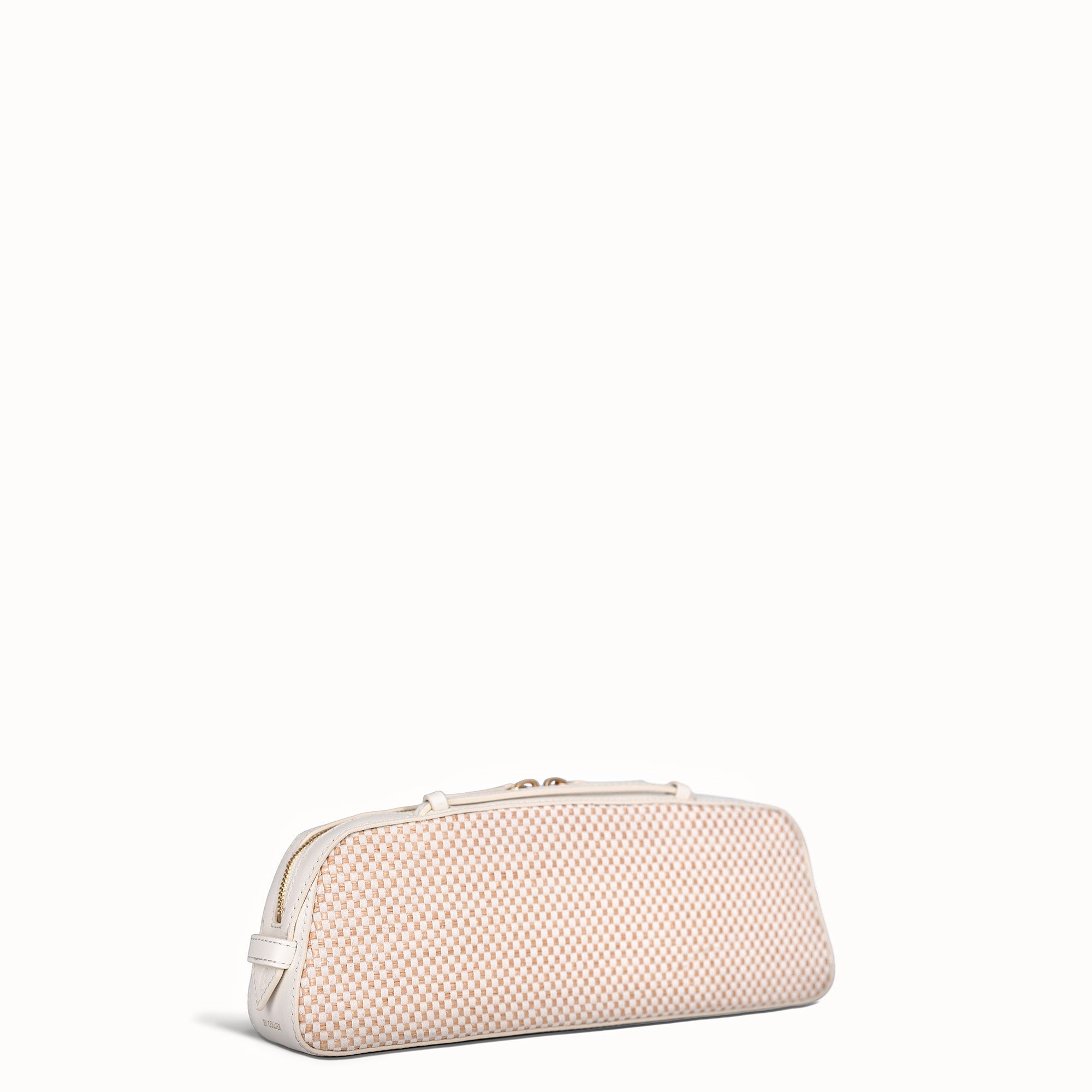 Beige handbag with a textured pattern on a white background