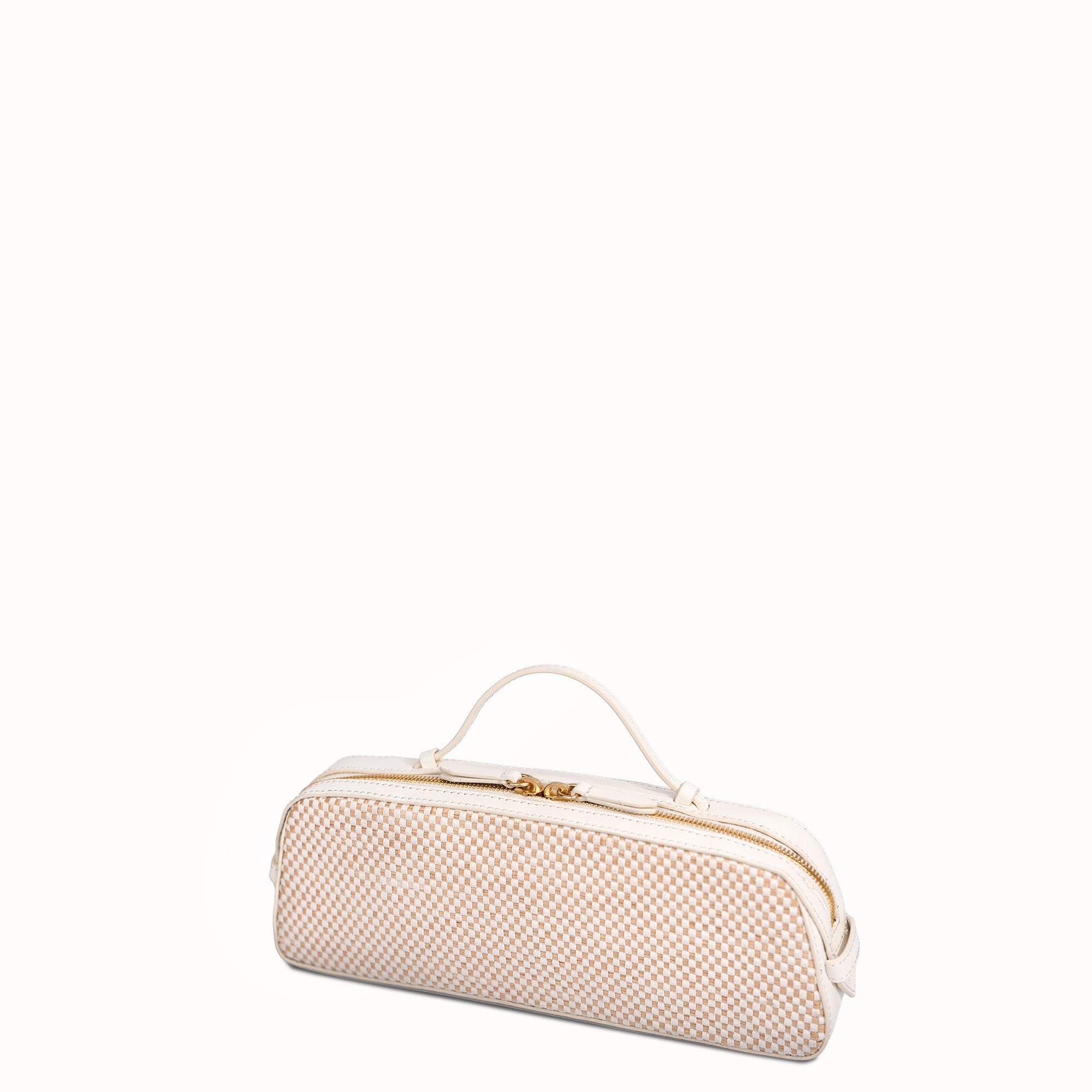 Cream-colored handbag with gold accents on a white background