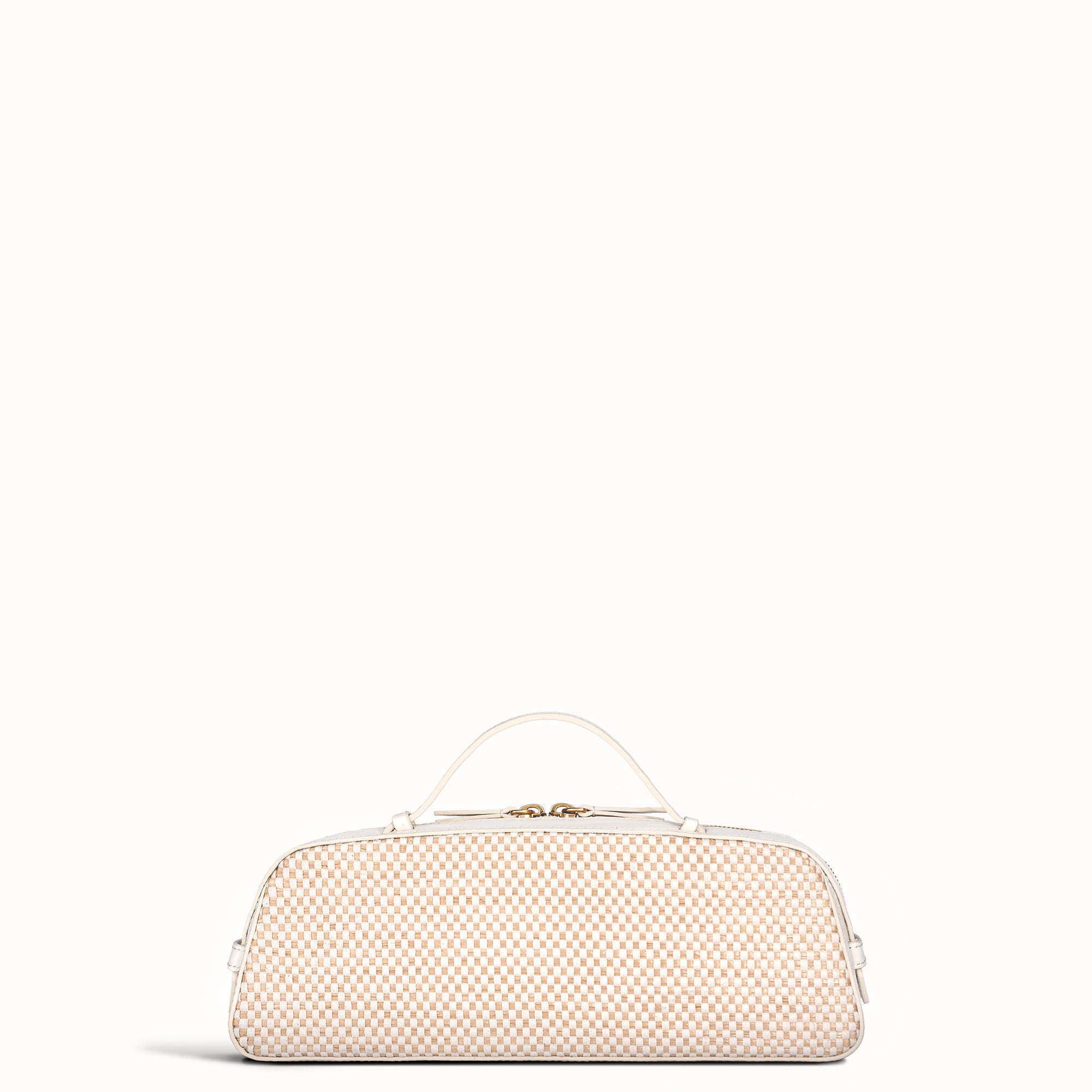 Cream-colored handbag with a textured pattern on a white background