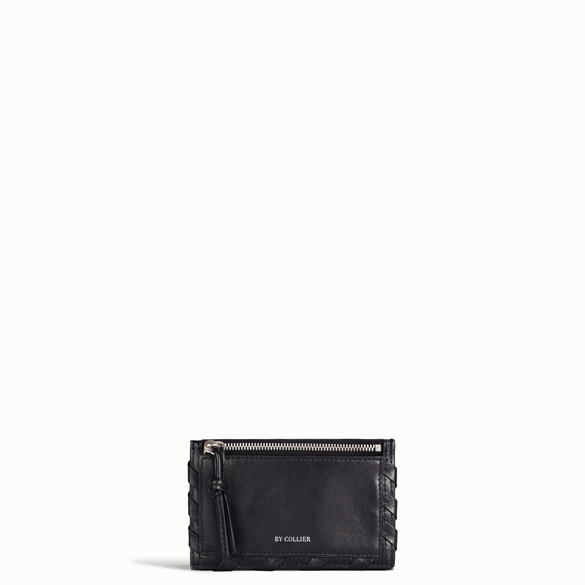 Black leather wallet with zipper on a white background