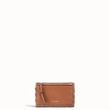Brown leather wallet with a zipper on a white background