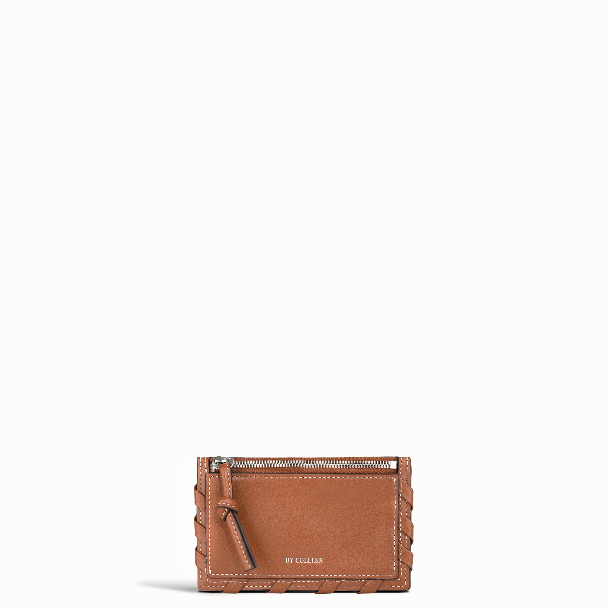 Brown leather wallet with a zipper on a white background