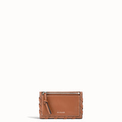 Brown leather wallet with a zipper on a white background