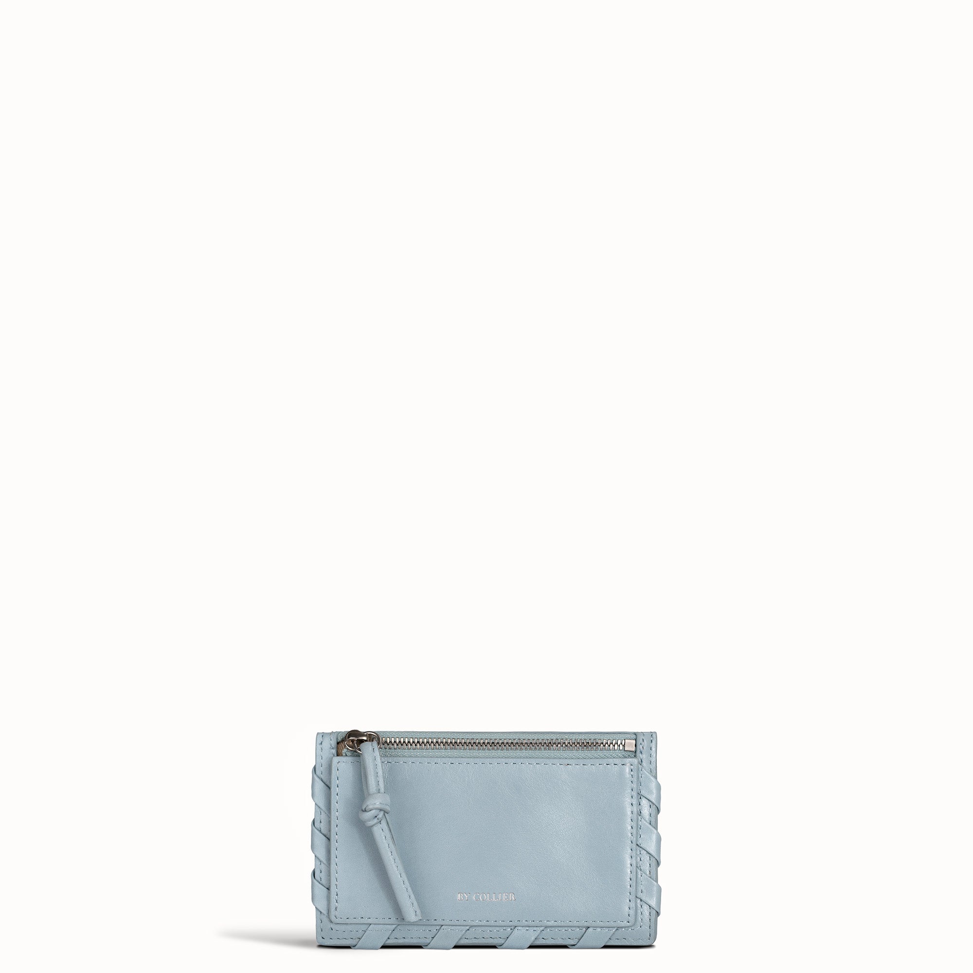 Light blue wallet with a strap on a white background