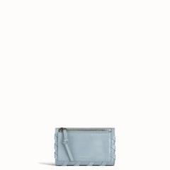 Light blue wallet with a strap on a white background